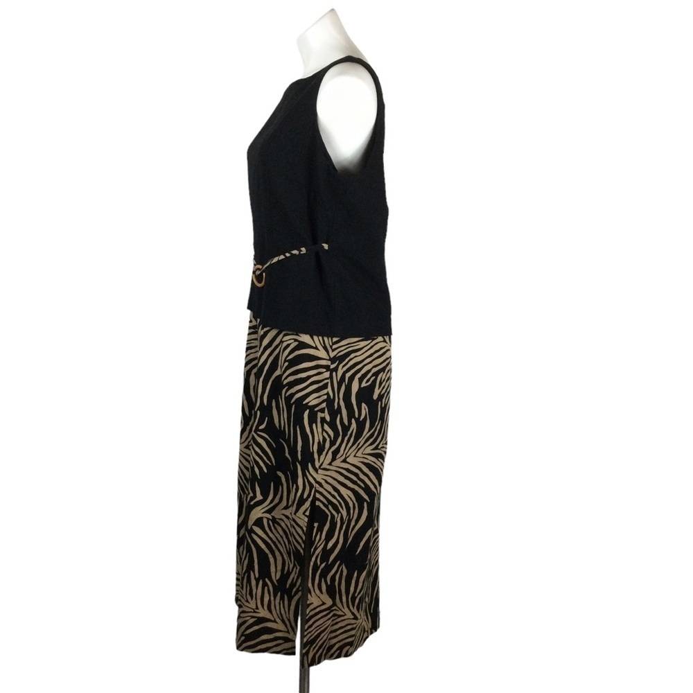 Courtenay‎ Linen Blend Black Tan Leaf/Zebra Print Belted Women Dress Size 14 P - Picture 3 of 12